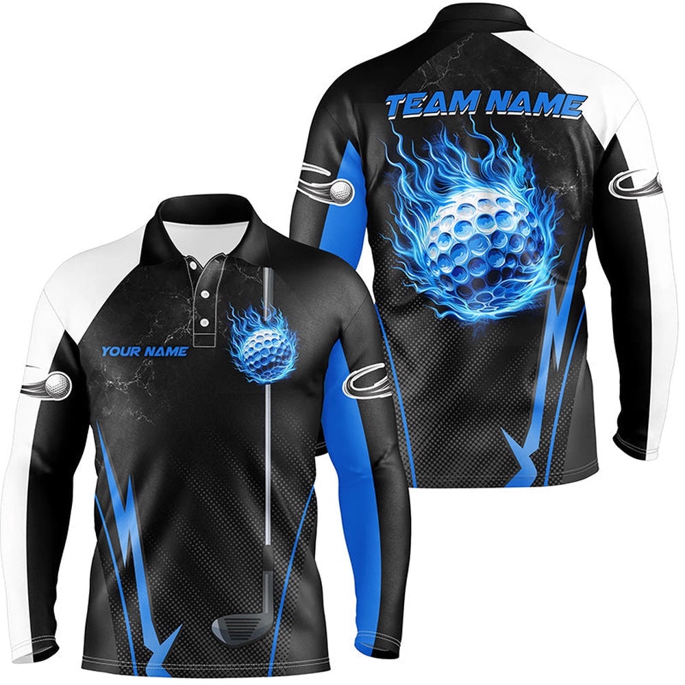 Black And White Golf Outfits Men Custom Blue Flame Golf Ball Men’s Custom Golf Shirts, Golf Polo Shirt, Golf Shirts Black And White Golf Outfits Men Custom Blue Flame Golf Ball Men’s Custom Golf Shirts, Golf Polo Shirt, Golf Shirts