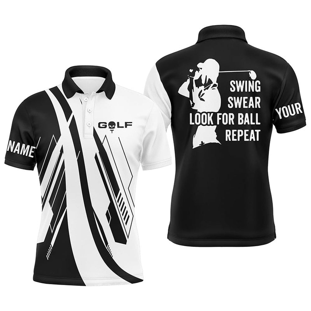 Black And White Men’s Golf Polo Shirts Custom Name Swing Swear Look For Ball Repeat Golf Shirt For Men’s, Golf Polo Shirt, Golf Shirts Black And White Men’s Golf Polo Shirts Custom Name Swing Swear Look For Ball Repeat Golf Shirt For Men’s, Golf Polo Shirt, Golf Shirts