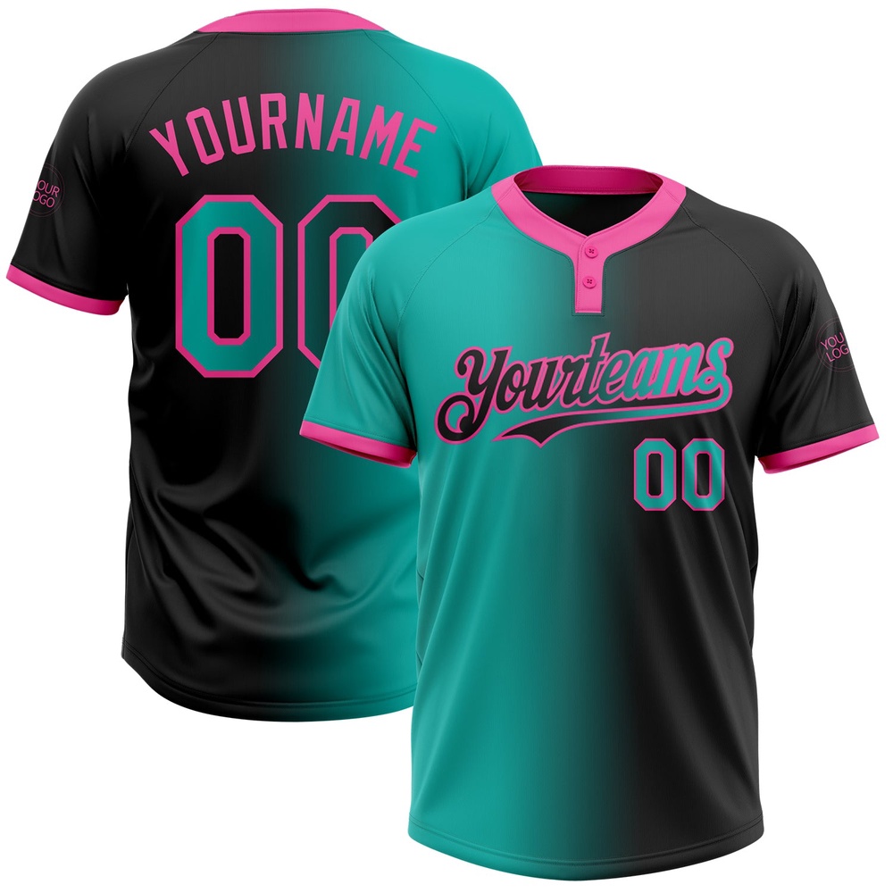 Black Aqua Pink Gradient Fashion Two Button Unisex Softball Jersey, Custom Team Softball Jersey