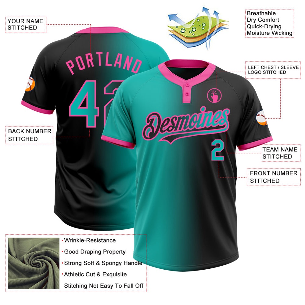 Black Aqua Pink Gradient Fashion Two Button Unisex Softball Jersey, Custom Team Softball Jersey