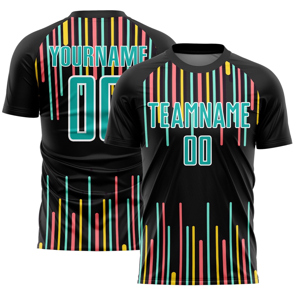 Black Aqua White Lines Sublimation Soccer Uniform Jersey, Custom Team Soccer Jersey Shirt