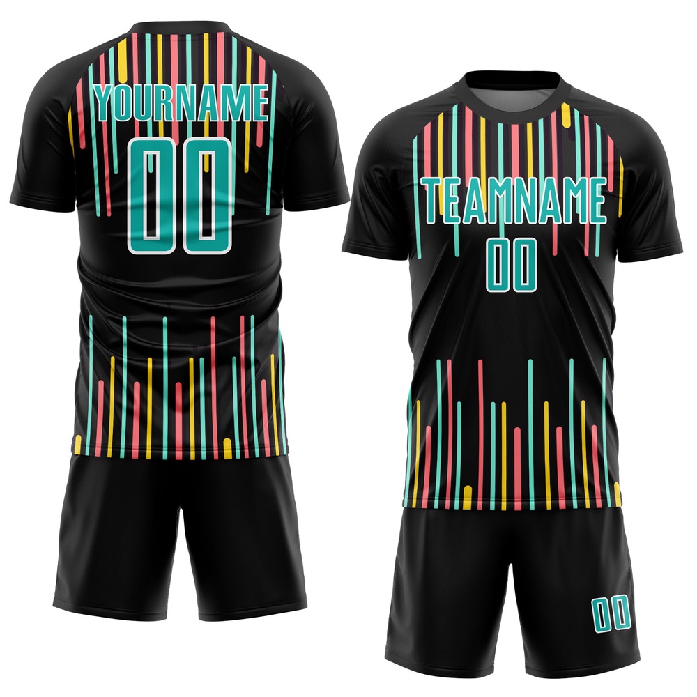 Black Aqua White Lines Sublimation Soccer Uniform Jersey, Custom Team Soccer Jersey Shirt
