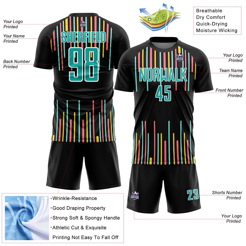 Black Aqua White Lines Sublimation Soccer Uniform Jersey, Custom Team Soccer Jersey Shirt
