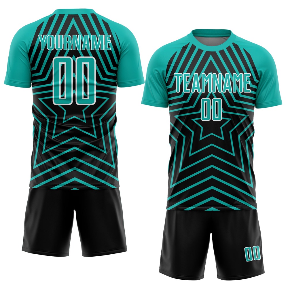 Black Aqua White Stars Sublimation Soccer Uniform Jersey, Custom Team Soccer Jersey Shirt