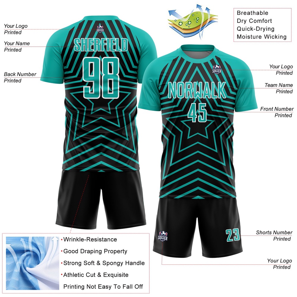 Black Aqua White Stars Sublimation Soccer Uniform Jersey, Custom Team Soccer Jersey Shirt