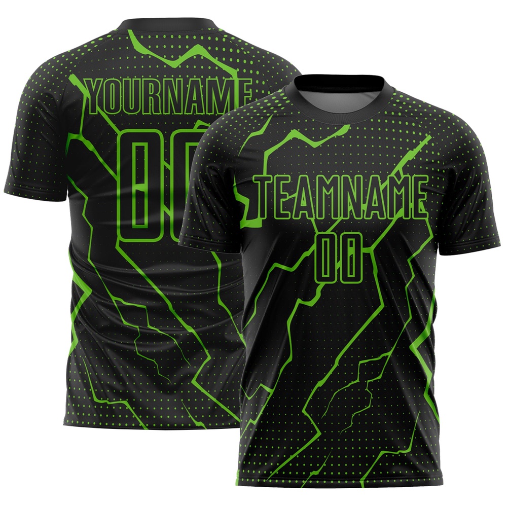 Black Aurora Green Lightning Sublimation Soccer Uniform Jersey, Custom Team Soccer Jersey Shirt Black Aurora Green Lightning Sublimation Soccer Uniform Jersey, Custom Team Soccer Jersey Shirt