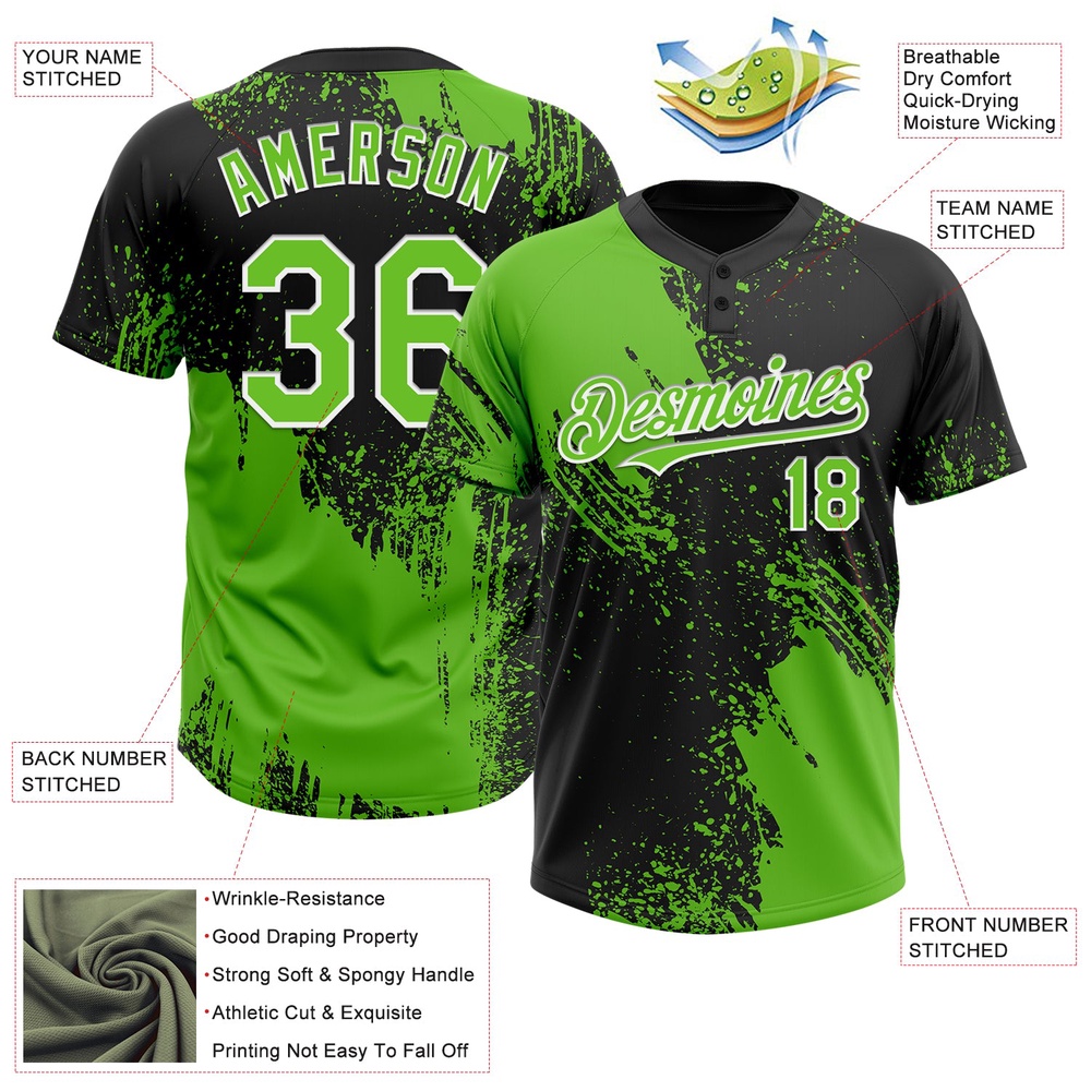 Black Aurora Green White 3D Pattern Abstract Brush Stroke Two Button Unisex Softball Jersey, Custom Team Softball Jersey
