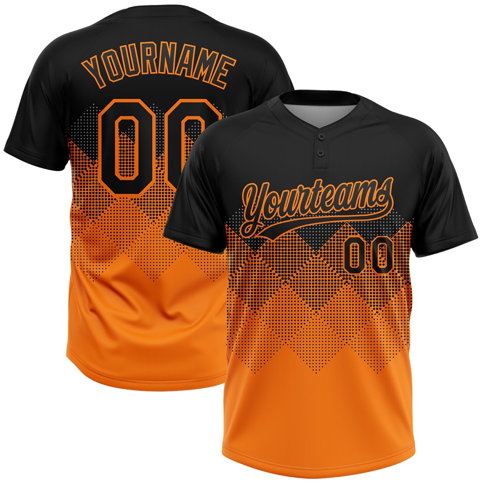 Black Bay Orange 3D Pattern Gradient Square Shapes Two Button Unisex Softball Jersey, Custom Team Softball Jersey