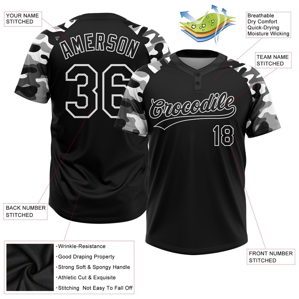 Black Black Camo 3D Pattern Two Button Unisex Softball Jersey, Custom Team Softball Jersey