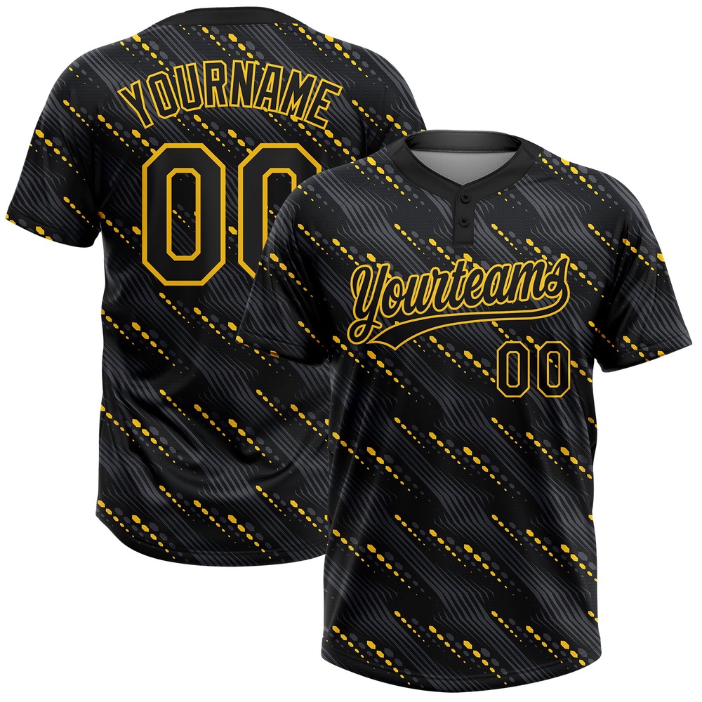 Black Black Gold 3D Pattern Two Button Unisex Softball Jersey, Custom Team Softball Jersey