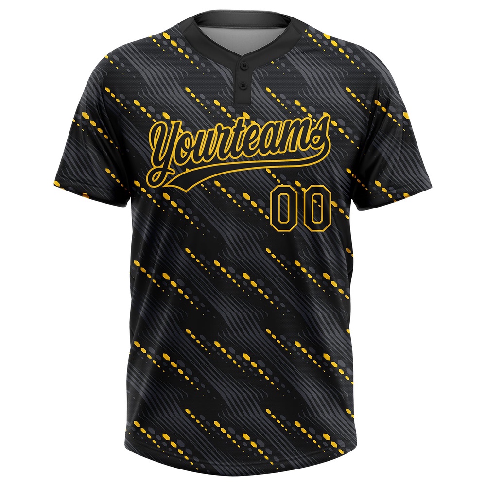 Black Black Gold 3D Pattern Two Button Unisex Softball Jersey, Custom Team Softball Jersey