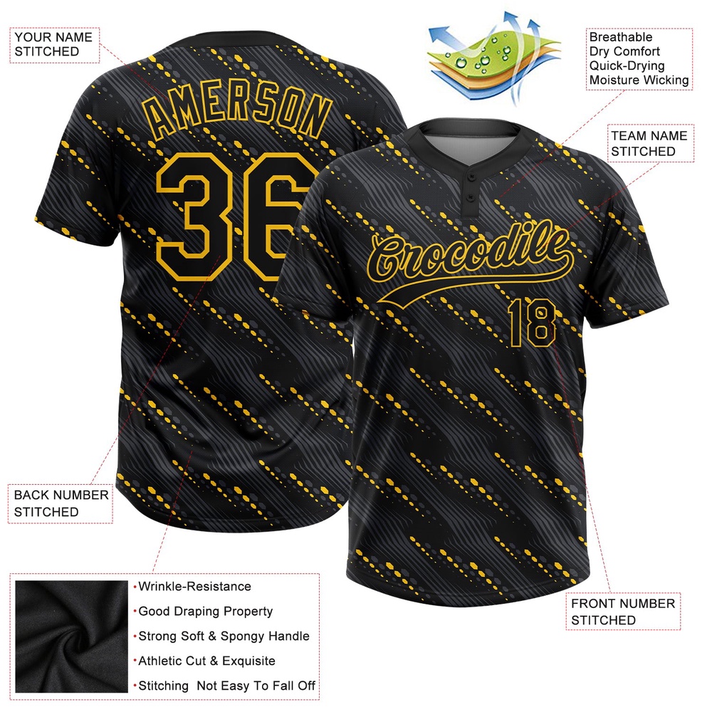 Black Black Gold 3D Pattern Two Button Unisex Softball Jersey, Custom Team Softball Jersey