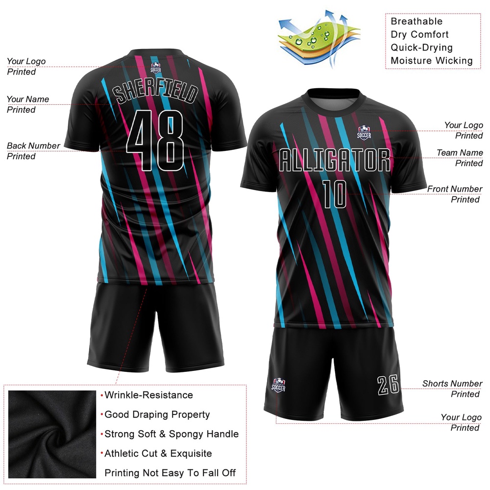 Black Black Light Blue Pink Sublimation Soccer Uniform Jersey, Custom Team Soccer Jersey Shirt Black Black Light Blue Pink Sublimation Soccer Uniform Jersey, Custom Team Soccer Jersey Shirt