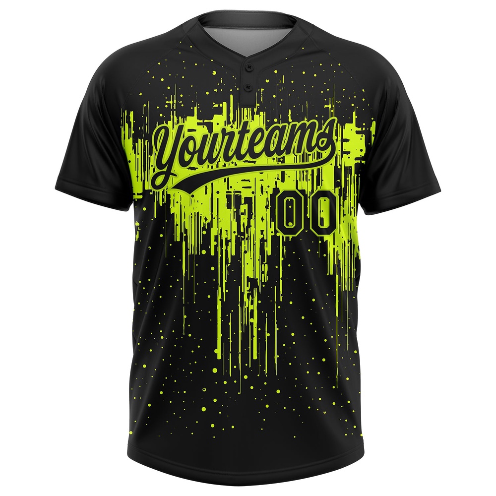 Black Black Neon Green 3D Pattern Two Button Unisex Softball Jersey, Custom Team Softball Jersey