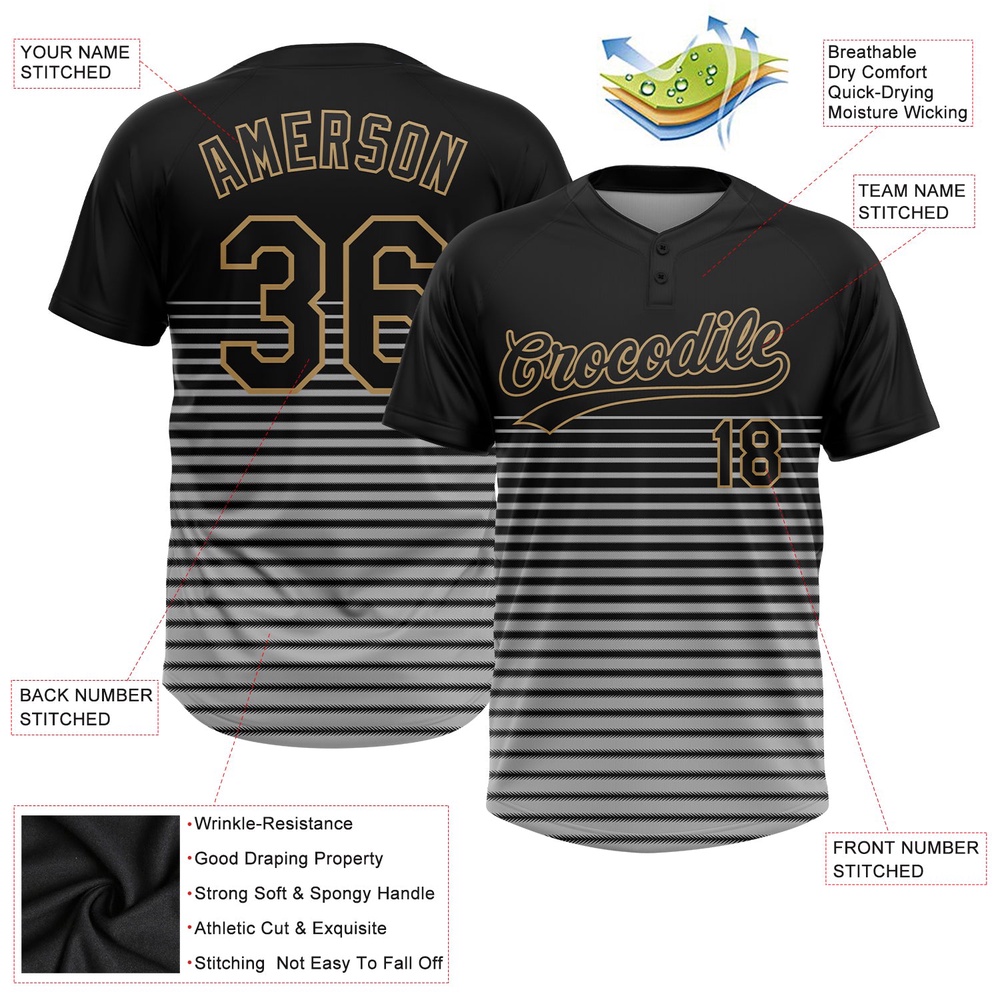 Black Black Old Gold 3D Pattern Two Button Unisex Softball Jersey, Custom Team Softball Jersey
