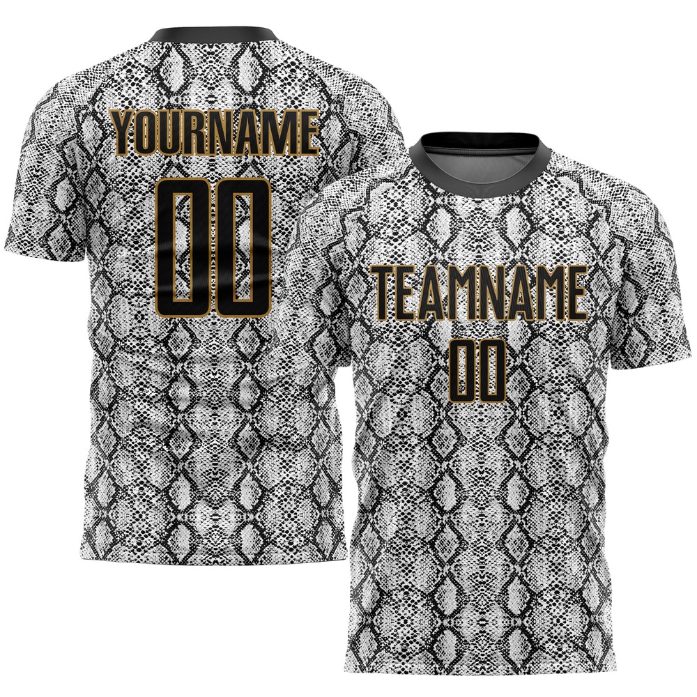 Black Black Old Gold Sublimation Snakeskin Soccer Uniform Jersey, Custom Team Soccer Jersey Shirt Black Black Old Gold Sublimation Snakeskin Soccer Uniform Jersey, Custom Team Soccer Jersey Shirt