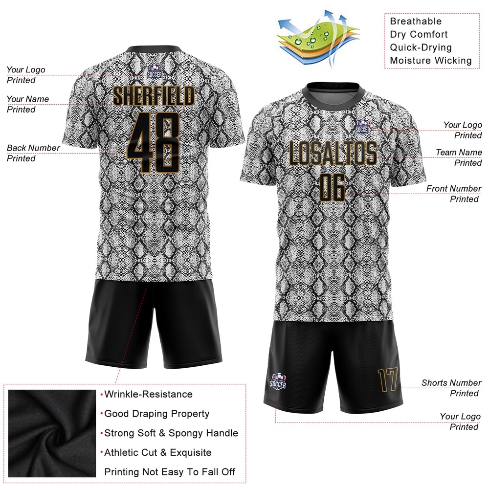 Black Black Old Gold Sublimation Snakeskin Soccer Uniform Jersey, Custom Team Soccer Jersey Shirt Black Black Old Gold Sublimation Snakeskin Soccer Uniform Jersey, Custom Team Soccer Jersey Shirt