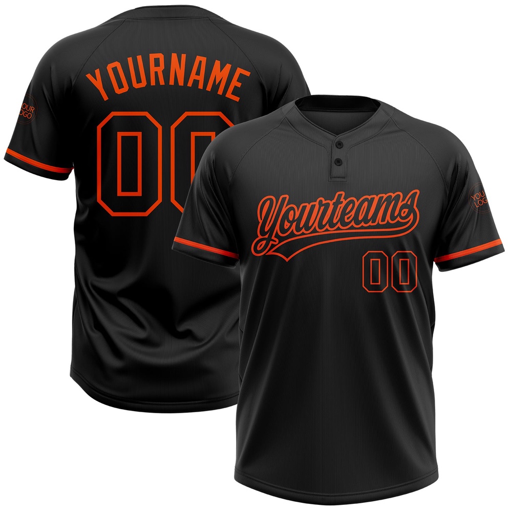 Black Black Orange Two Button Unisex Softball Jersey, Custom Team Softball Jersey