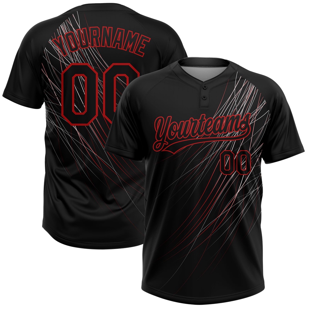 Black Black Red 3D Pattern Two Button Unisex Softball Jersey, Custom Team Softball Jersey