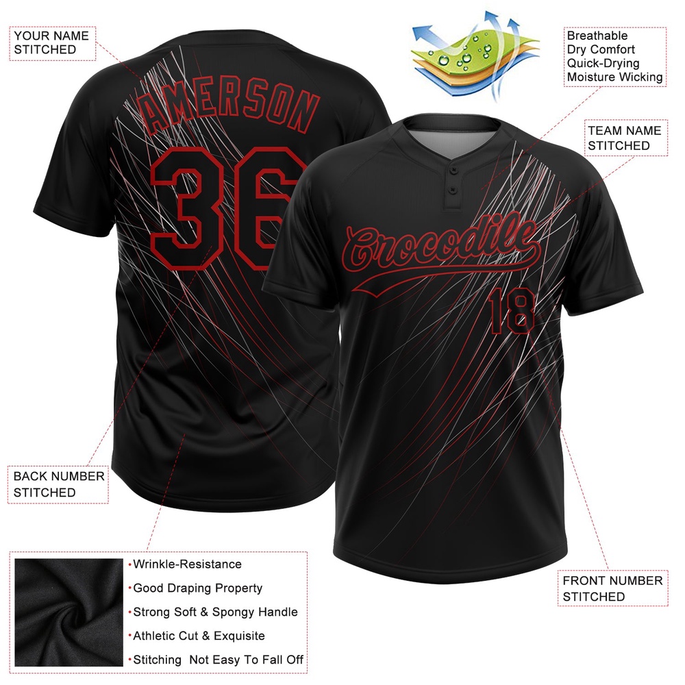 Black Black Red 3D Pattern Two Button Unisex Softball Jersey, Custom Team Softball Jersey