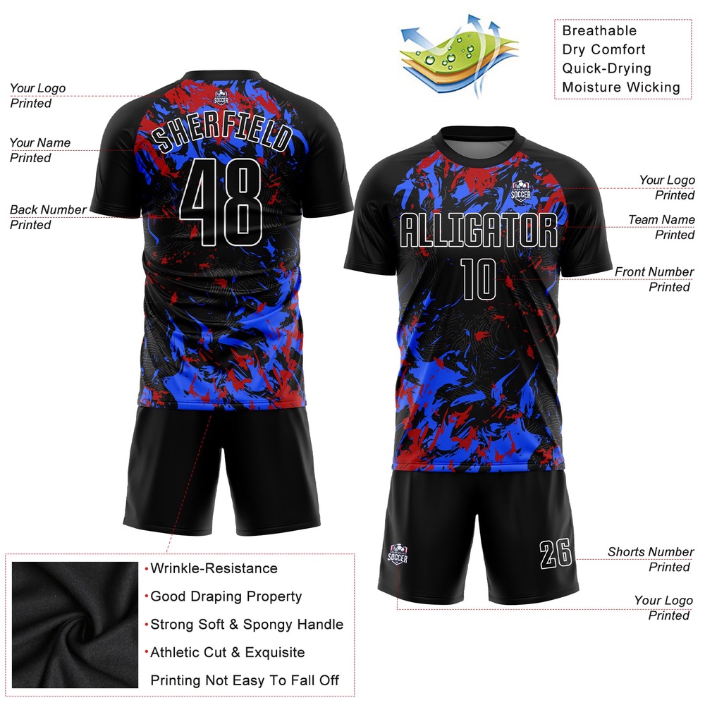 Black Black Royal Red Sublimation Soccer Uniform Jersey, Custom Team Soccer Jersey Shirt