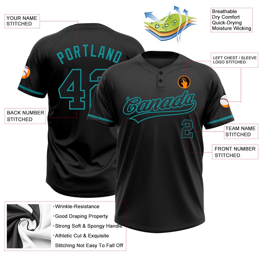 Black Black Teal Two Button Unisex Softball Jersey, Custom Team Softball Jersey
