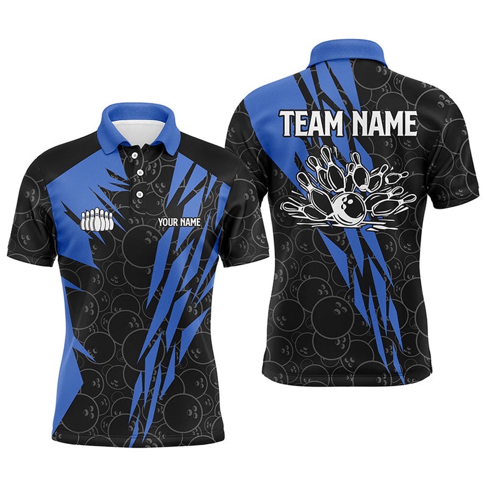 Black Bowling Camo Mens Polo Bowling Shirt Custom Bowling Strike Team League Polo Shirt Blue, Personalized Bowling Team Shirt