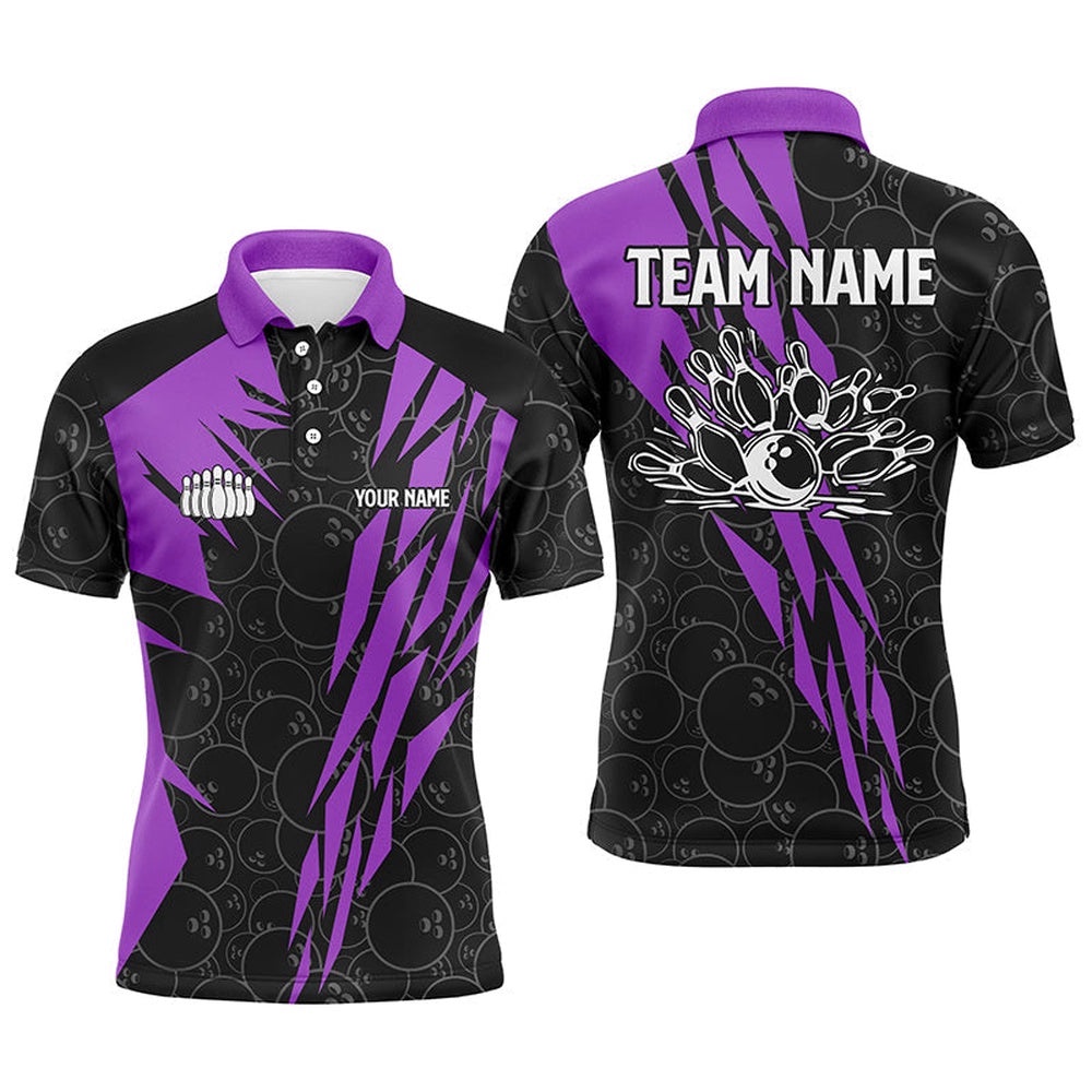 Black Bowling Camo Mens Polo Bowling Shirt Custom Bowling Strike Team League Polo Shirt Purple, Personalized Bowling Team Shirt