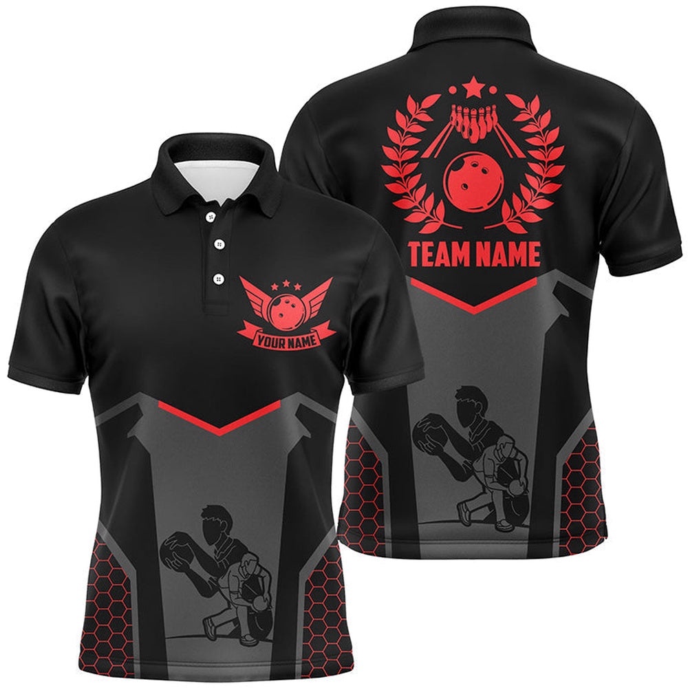 Black Bowling Polo Shirt For Men Custom Retro Bowling Shirts For Team Bowlers Red, Personalized Bowling Team Shirt