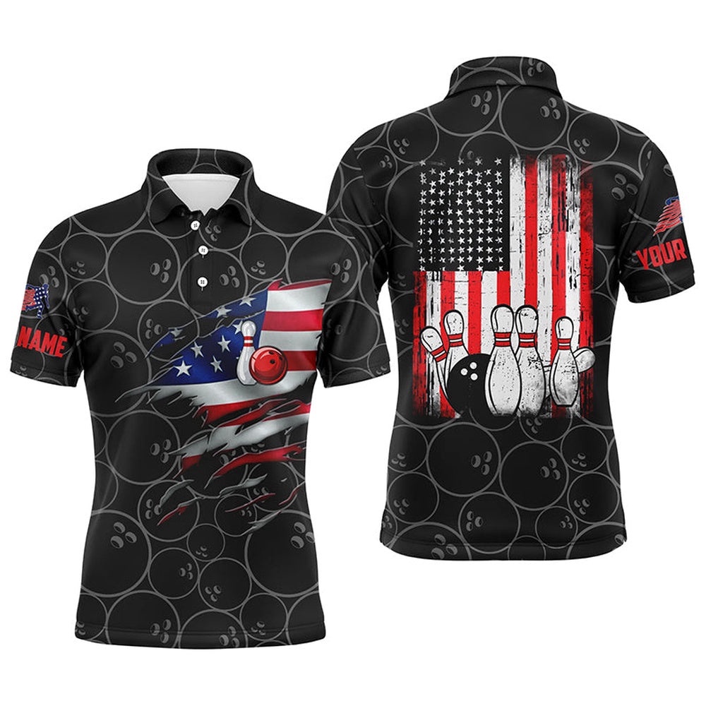 Black Bowling Polo Shirts For Men Custom Name Vintage American Flag Bowling Polo Shirt, Personalized Bowling Team Shirt Black Bowling Polo Shirts For Men Custom Name Vintage American Flag Bowling Polo Shirt, Personalized Bowling Team Shirt