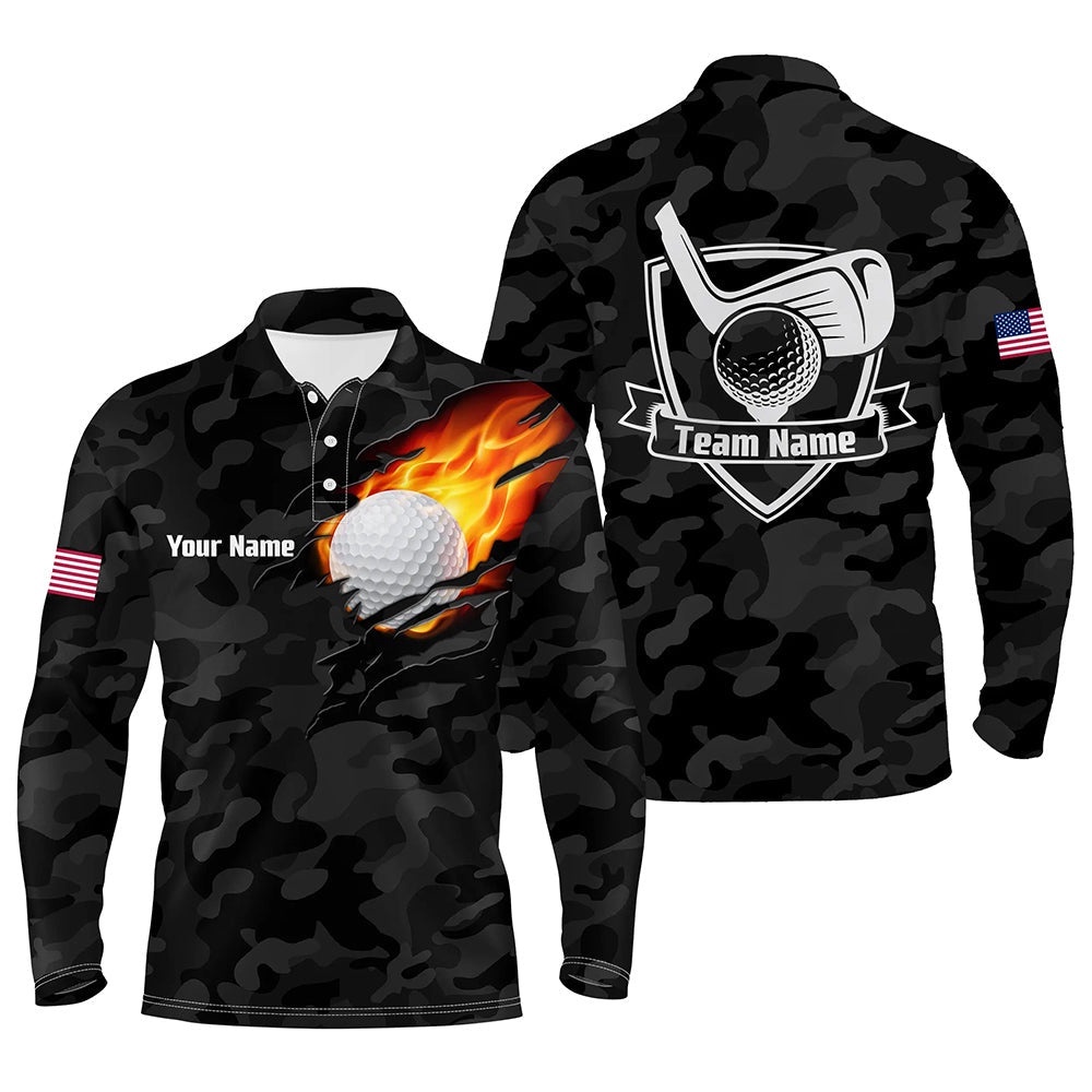 Black Camo Fire Golf Ball Flame Men’s Golf Polo Shirts Custom American Flag Golf Shirts For Men, Golf Polo Shirt, Golf Shirts