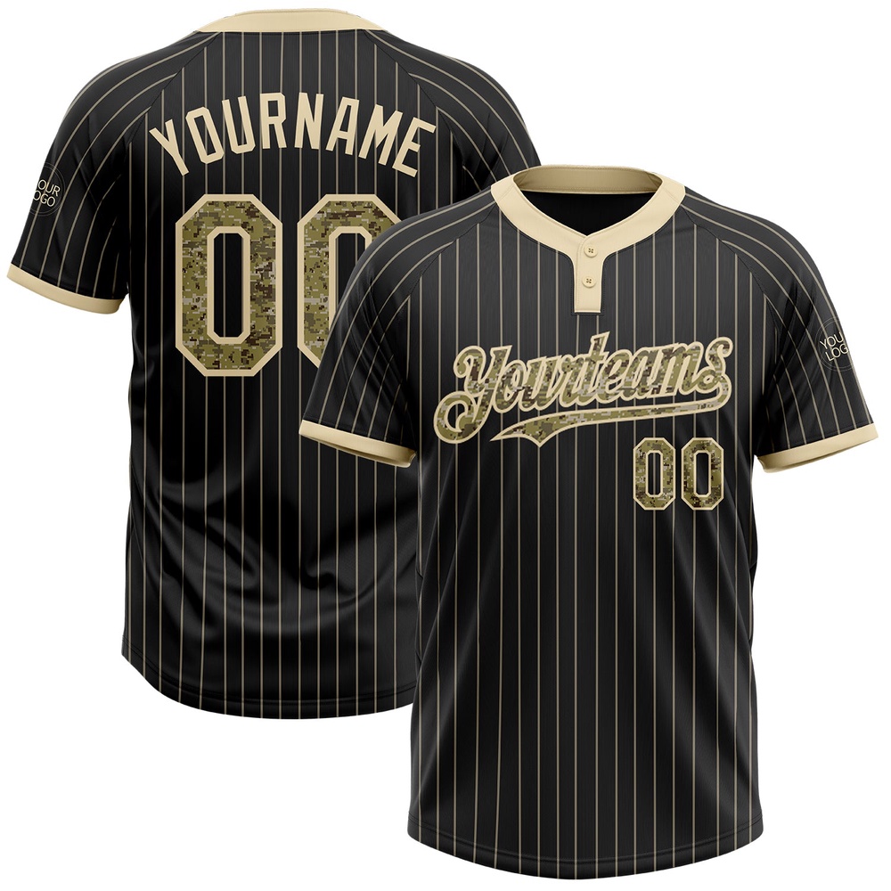 Black Cream Pinstripe Camo Two Button Unisex Softball Jersey, Custom Team Softball Jersey