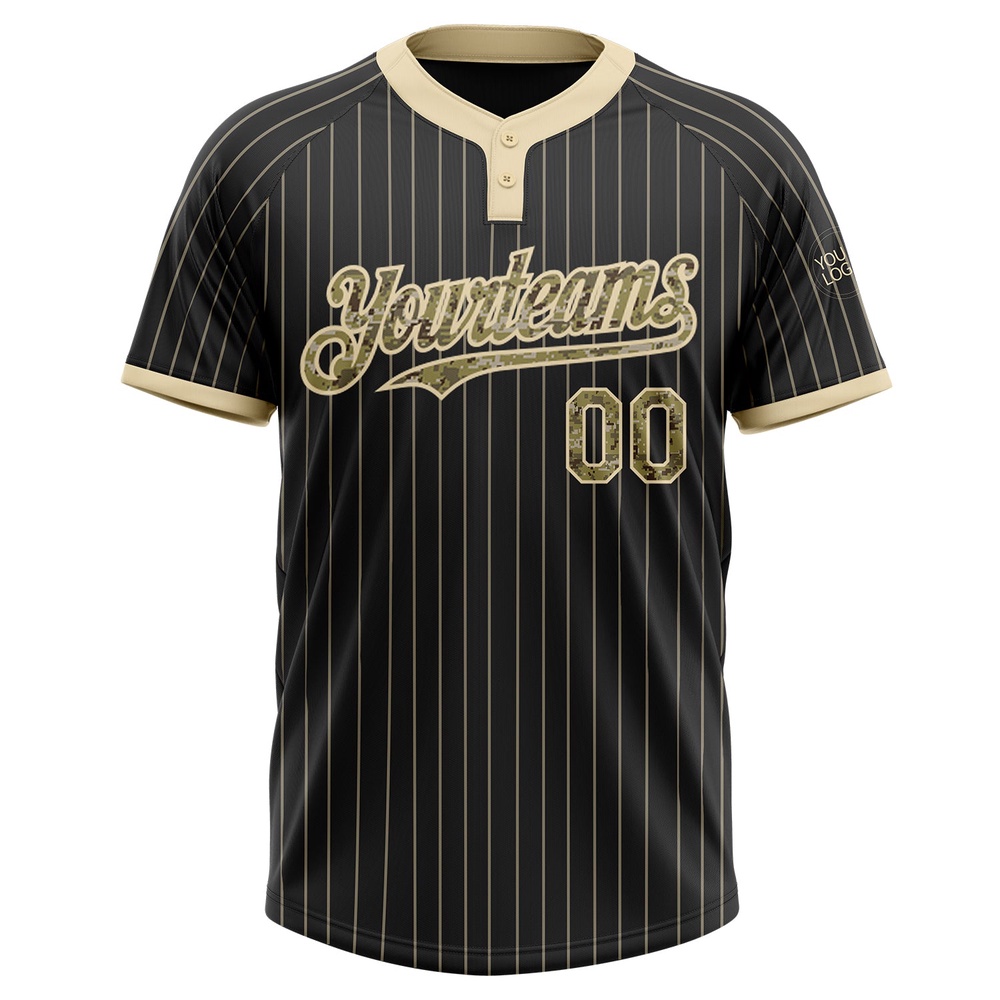 Black Cream Pinstripe Camo Two Button Unisex Softball Jersey, Custom Team Softball Jersey