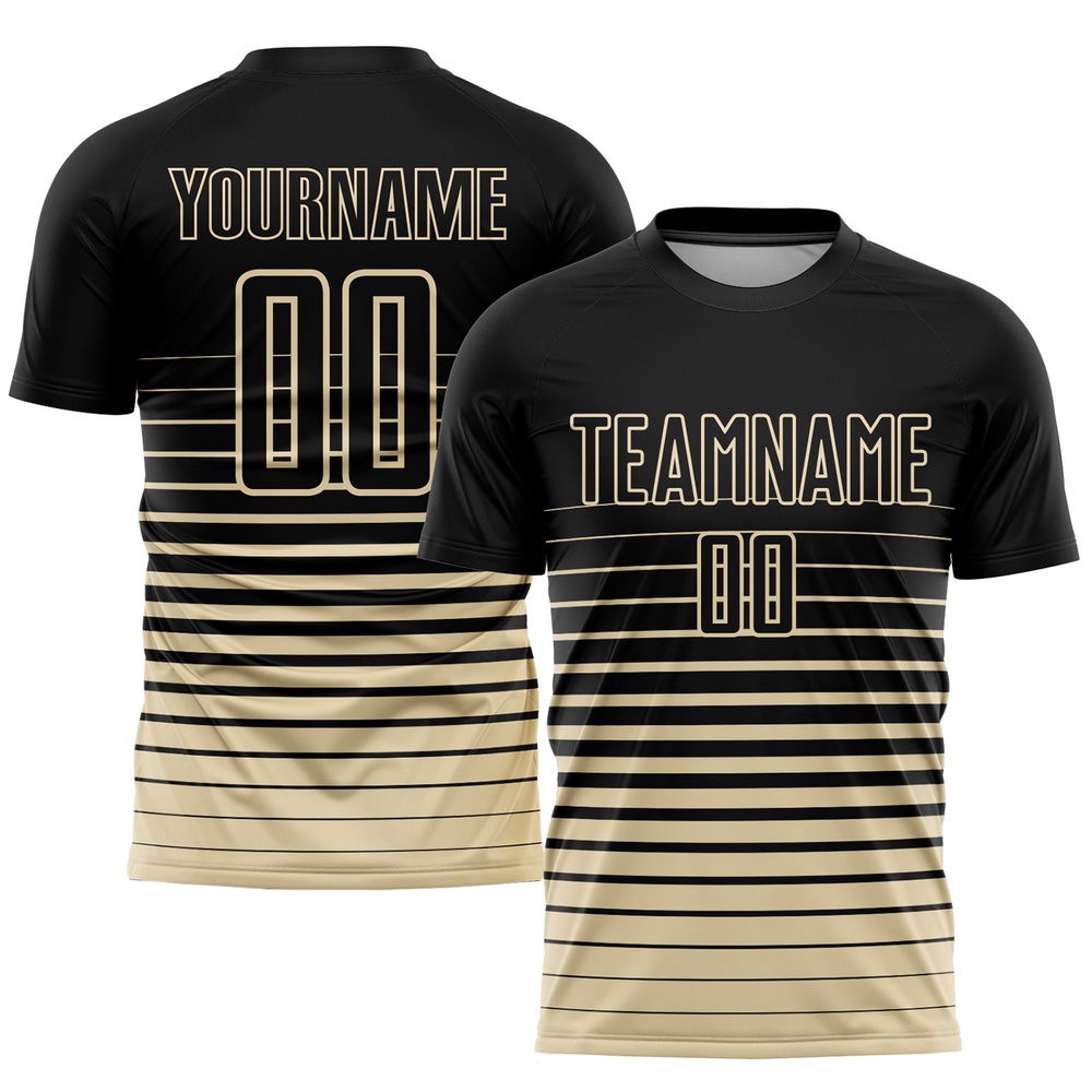 Black Cream Pinstripe Fade Fashion Sublimation Soccer Uniform Jersey, Custom Team Soccer Jersey Shirt