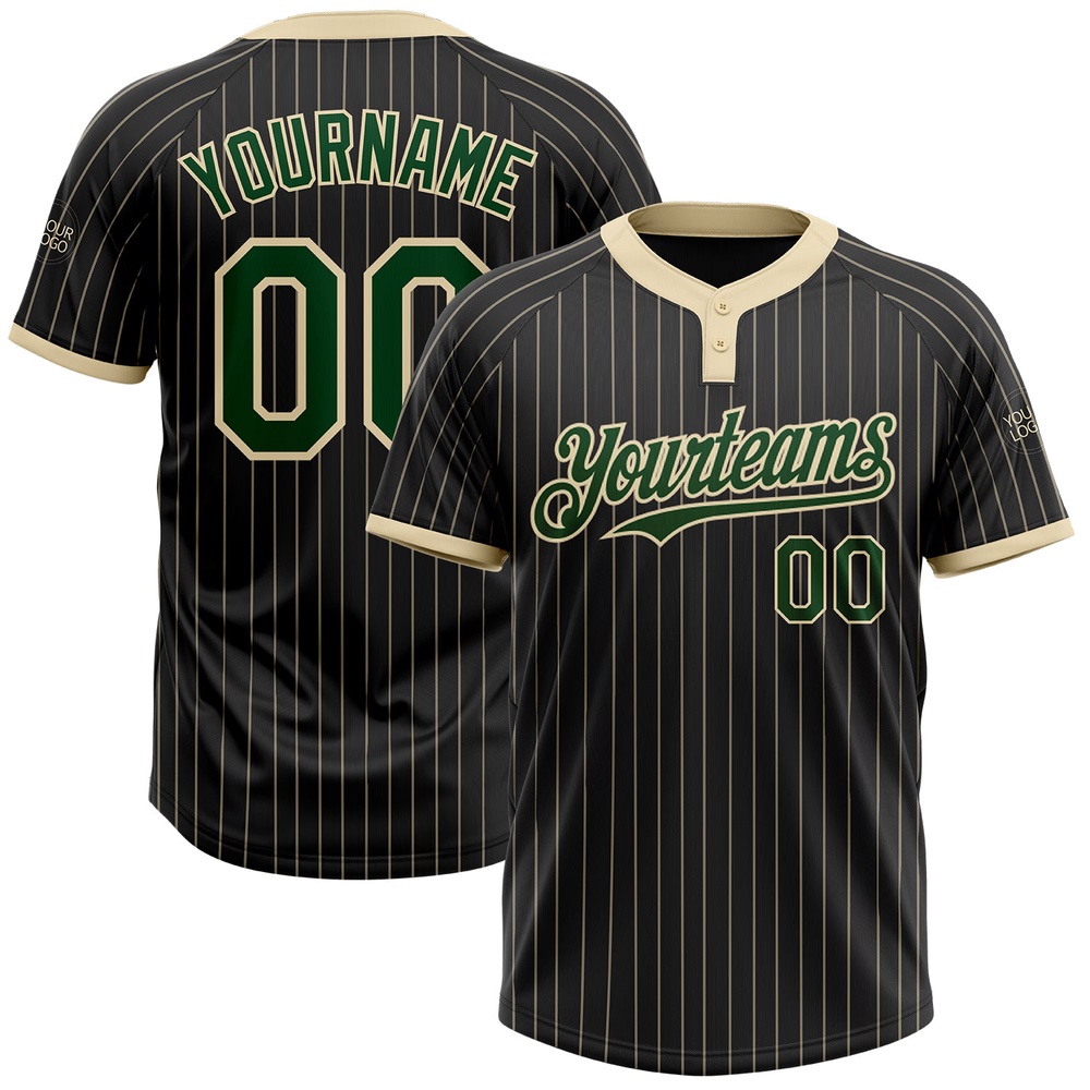 Black Cream Pinstripe Green Two Button Unisex Softball Jersey, Custom Team Softball Jersey