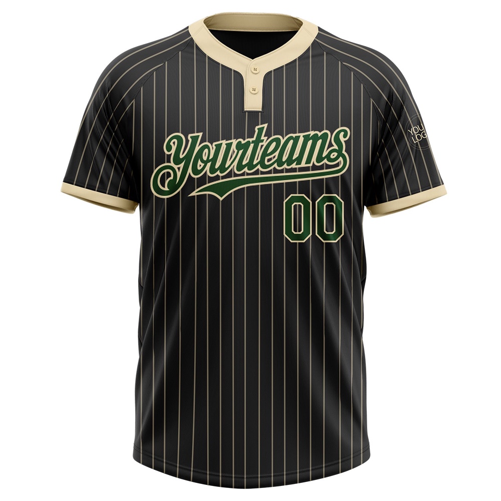 Black Cream Pinstripe Green Two Button Unisex Softball Jersey, Custom Team Softball Jersey