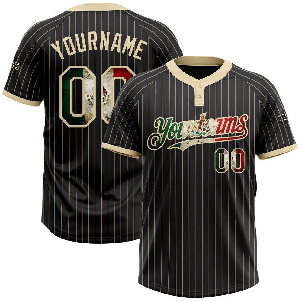 Black Cream Pinstripe Vintage Mexican Flag Two Button Unisex Softball Jersey, Custom Team Softball Jersey
