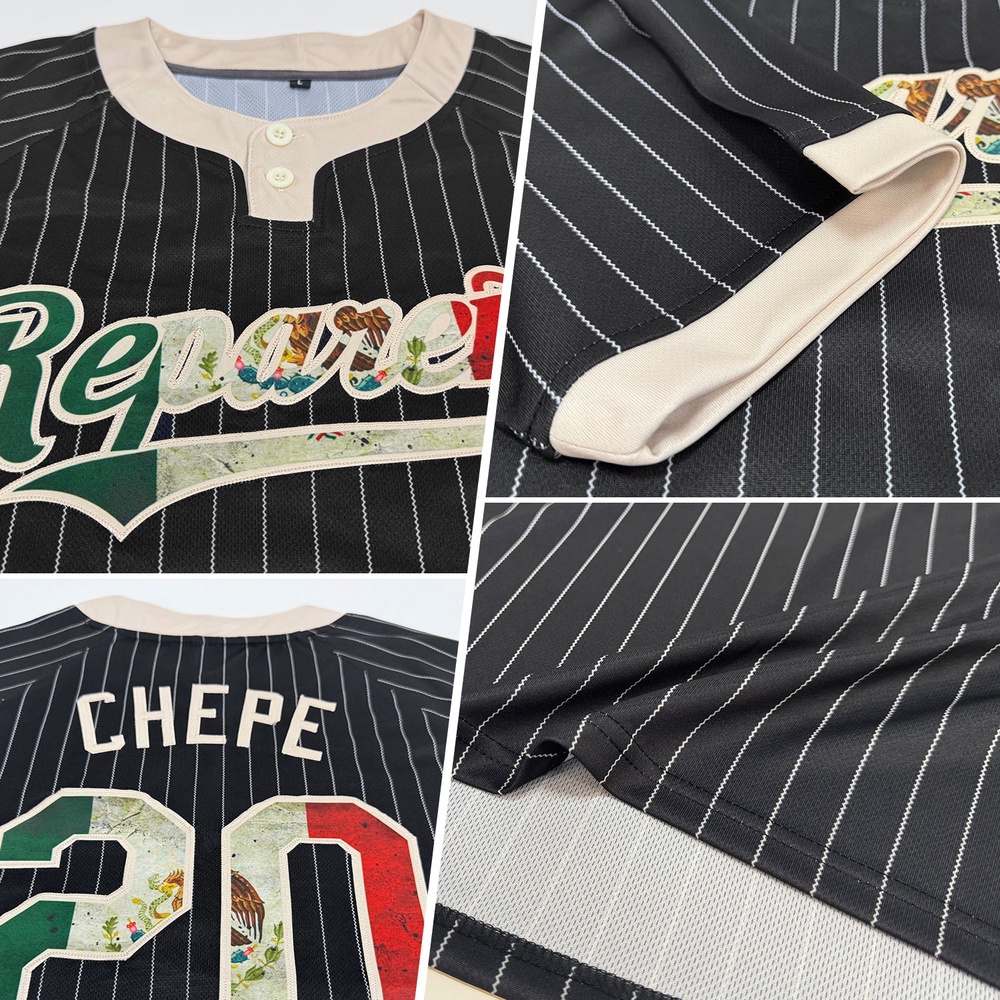 Black Cream Pinstripe Vintage Mexican Flag Two Button Unisex Softball Jersey, Custom Team Softball Jersey