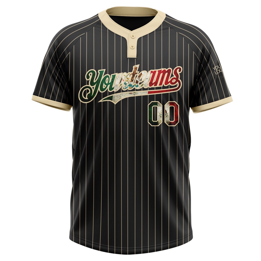 Black Cream Pinstripe Vintage Mexican Flag Two Button Unisex Softball Jersey, Custom Team Softball Jersey