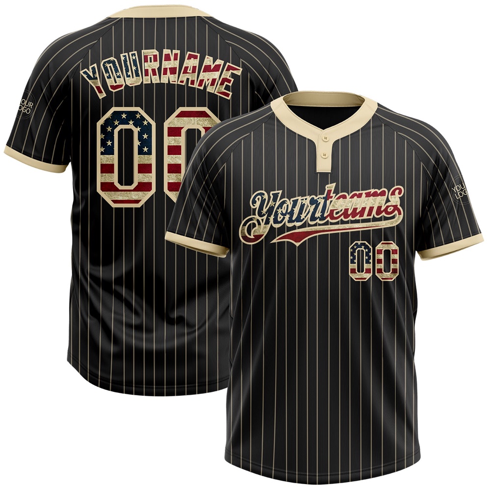 Black Cream Pinstripe Vintage USA Flag Two Button Unisex Softball Jersey, Custom Team Softball Jersey