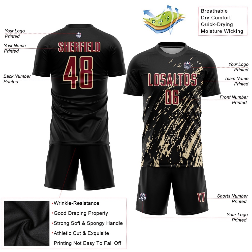Black Crimson City Cream Sublimation Soccer Uniform Jersey, Custom Team Soccer Jersey Shirt