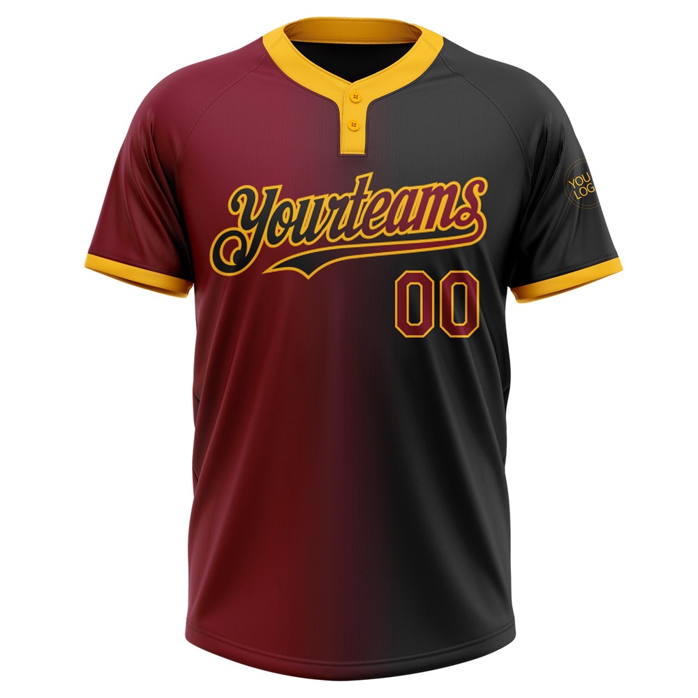 Black Crimson Gold Gradient Fashion Two Button Unisex Softball Jersey, Custom Team Softball Jersey