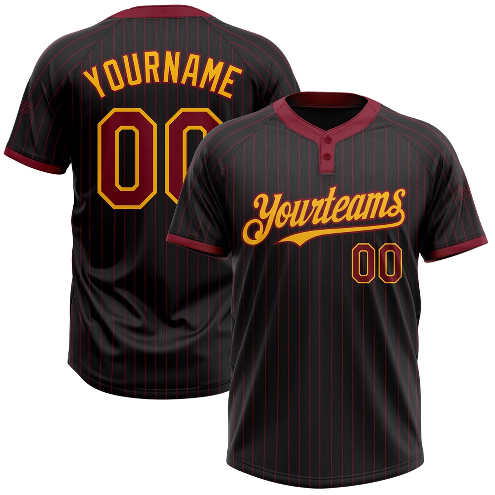 Black Crimson Pinstripe Gold Two Button Unisex Softball Jersey, Custom Team Softball Jersey