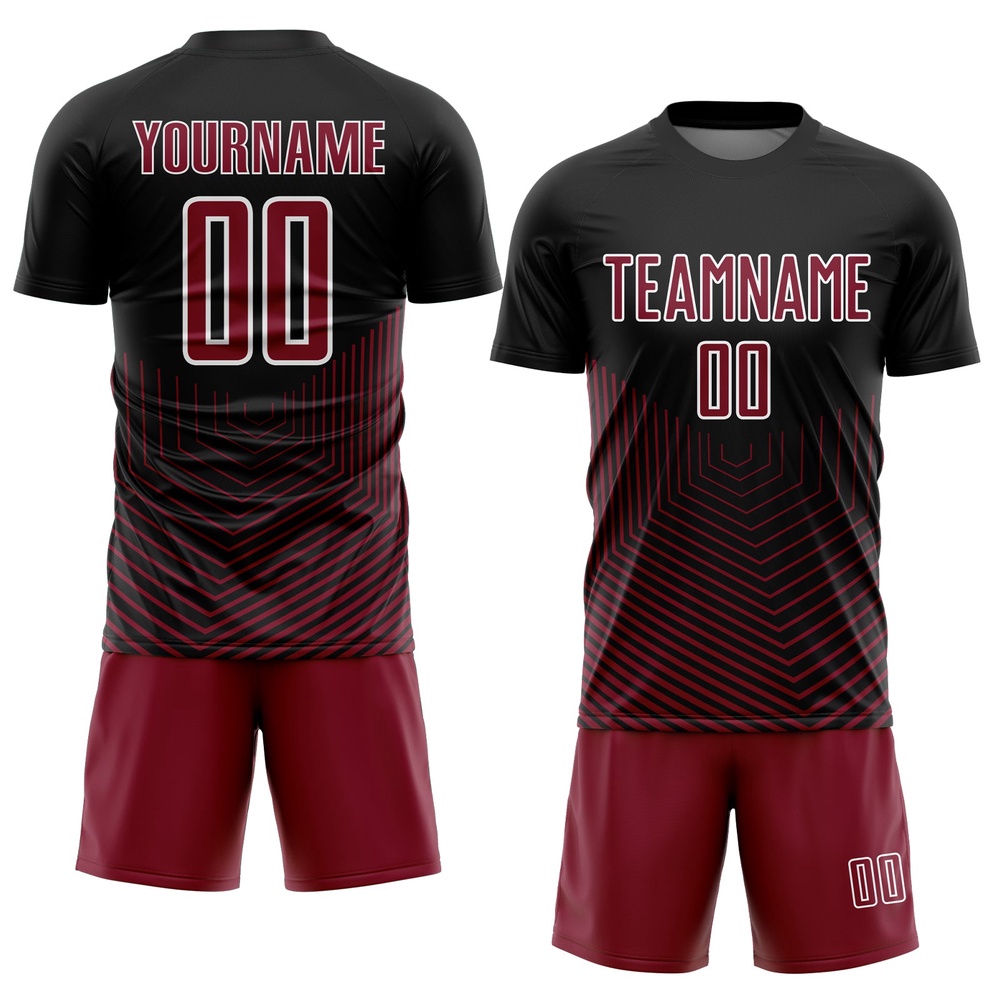 Black Crimson White Geometric Lines Sublimation Soccer Uniform Jersey, Custom Team Soccer Jersey Shirt