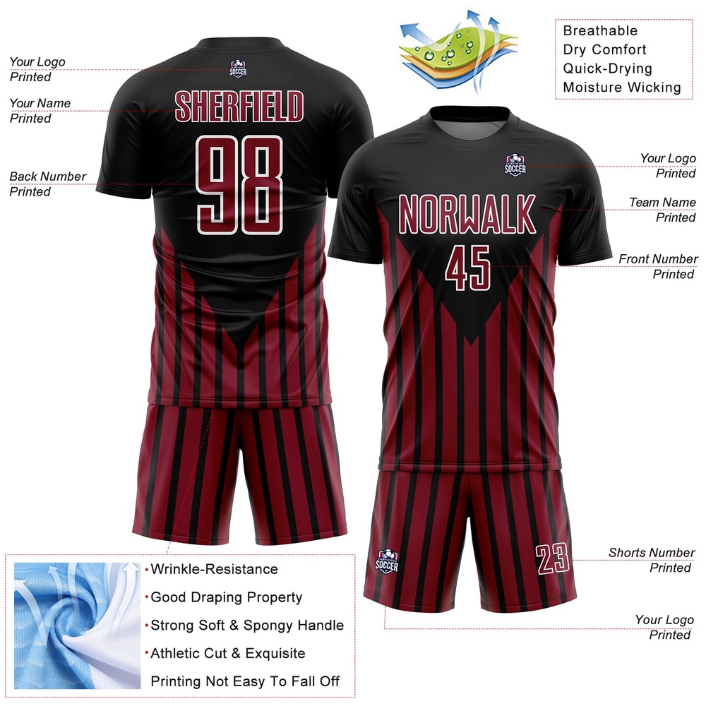 Black Crimson White Lines Sublimation Soccer Uniform Jersey, Custom Team Soccer Jersey Shirt