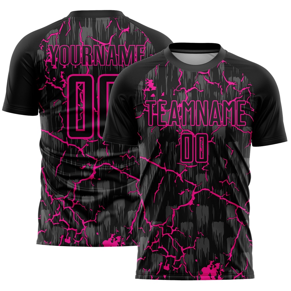 Black Deep Pink Lightning Sublimation Soccer Uniform Jersey, Custom Team Soccer Jersey Shirt