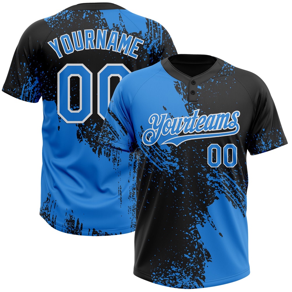 Black Electric Blue White 3D Pattern Abstract Brush Stroke Two Button Unisex Softball Jersey, Custom Team Softball Jersey