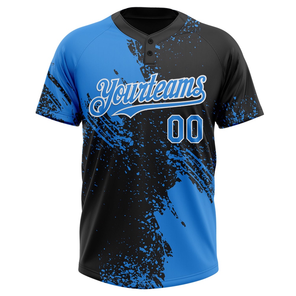 Black Electric Blue White 3D Pattern Abstract Brush Stroke Two Button Unisex Softball Jersey, Custom Team Softball Jersey