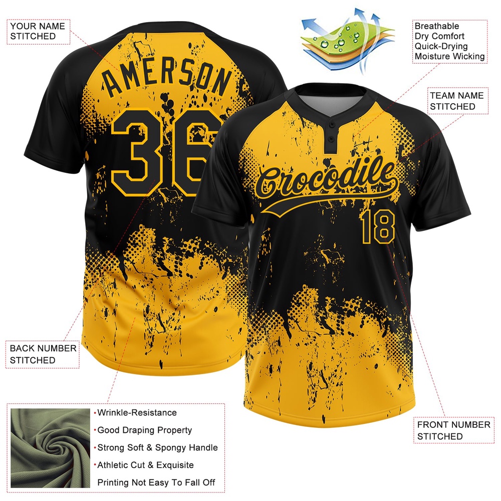 Black Gold 3D Pattern Abstract Splatter Grunge Art Two Button Unisex Softball Jersey, Custom Team Softball Jersey Black Gold 3D Pattern Abstract Splatter Grunge Art Two Button Unisex Softball Jersey, Custom Team Softball Jersey