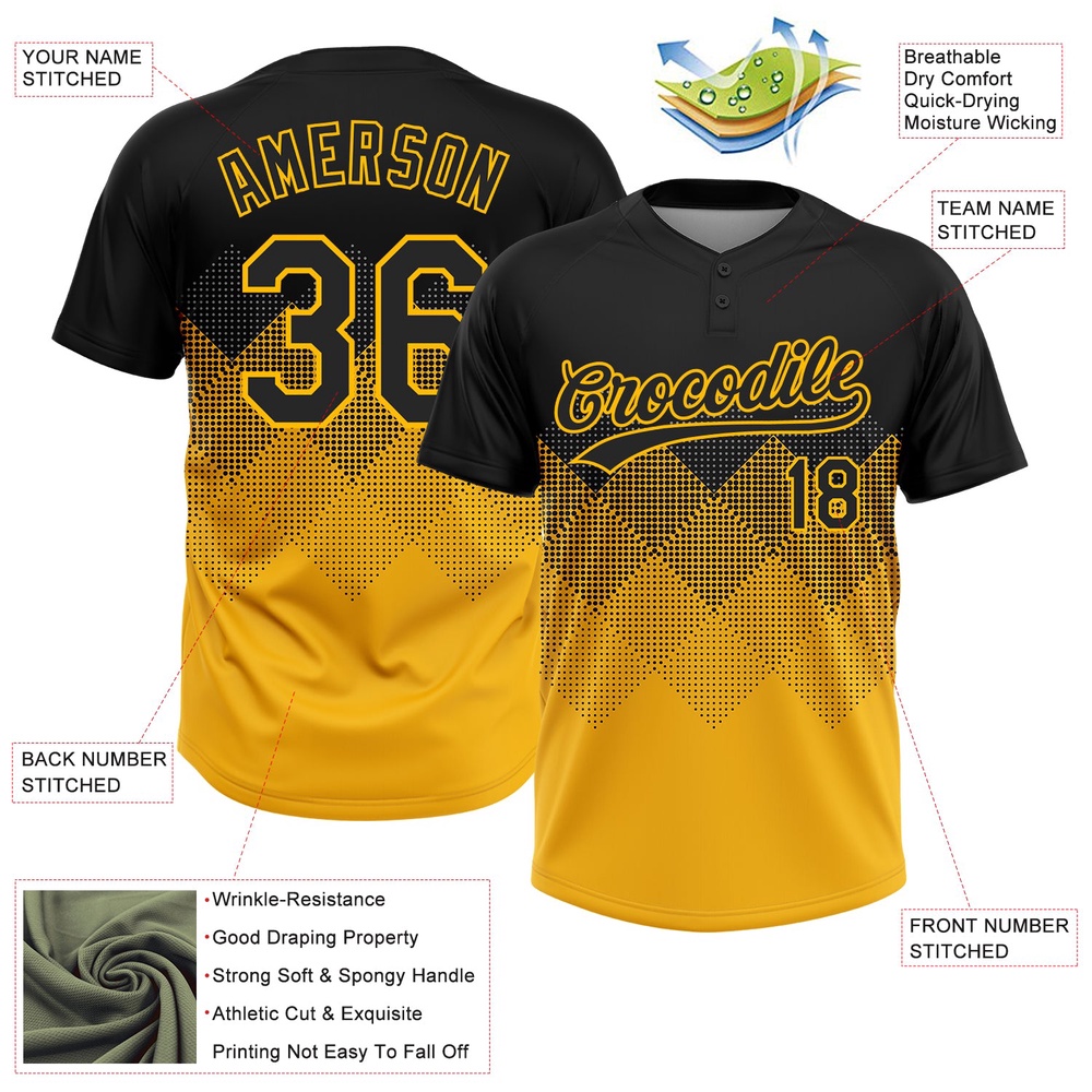 Black Gold 3D Pattern Gradient Square Shapes Two Button Unisex Softball Jersey, Custom Team Softball Jersey Black Gold 3D Pattern Gradient Square Shapes Two Button Unisex Softball Jersey, Custom Team Softball Jersey